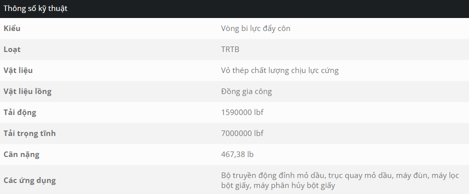Thông số kỹ thuật vòng bi côn